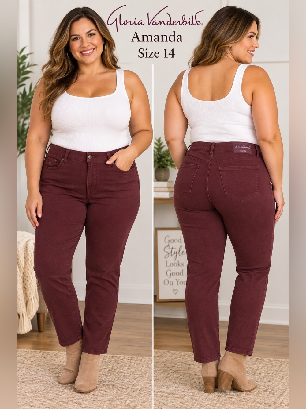 Gloria Vanderbilt Amanda Women’s Size 14 Short Burgundy Huckleberry Tapered Leg